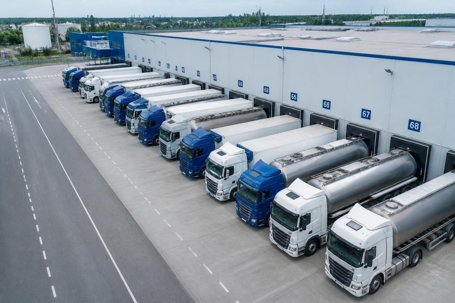Fleet of tanker trucks and lorries at a QBlue distribution warehouse